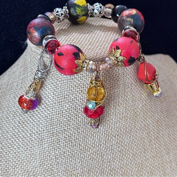 Handmade Charm Bracelet with Hand-Painted Beads & Wire-Wrapped Accents 6-7 3410 - Picture 3 of 7